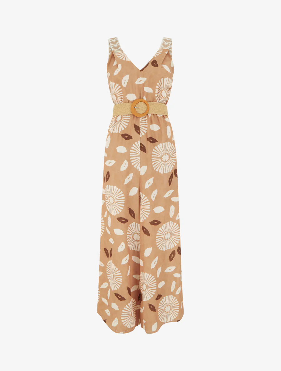 Fantasieprint jumpsuit met hartjesmotief en bandjes - Kameel