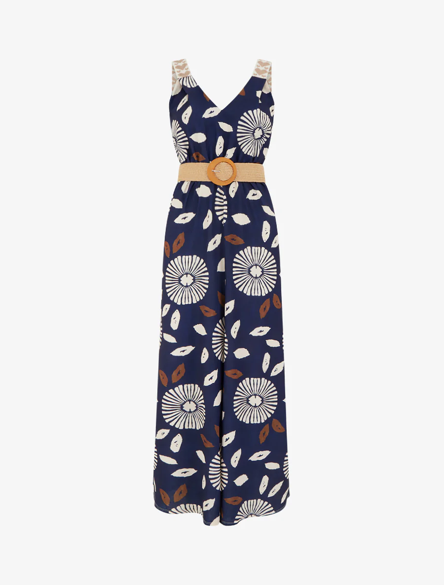 Fantasieprint jumpsuit met hartjesmotief en bandjes - Marine
