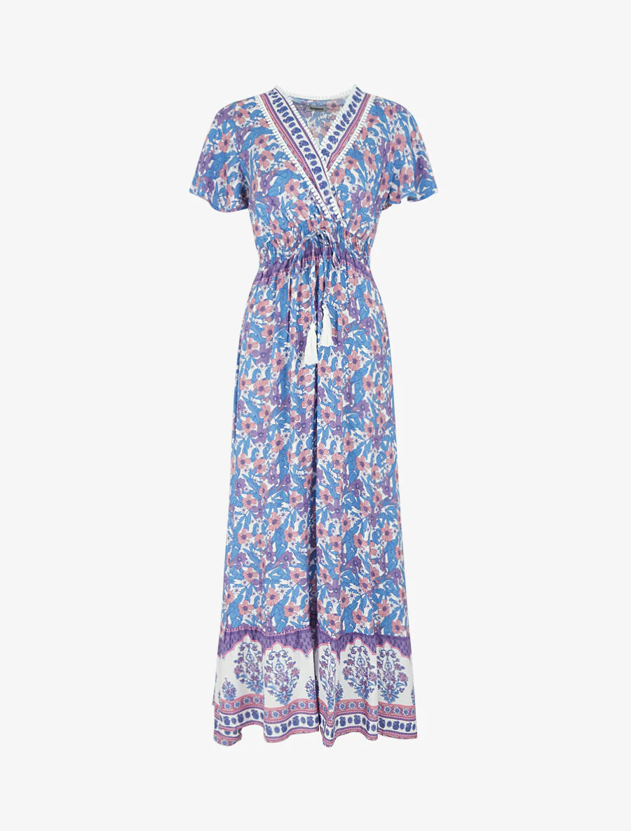 Gebloemde jurk met strikkoord - blauw