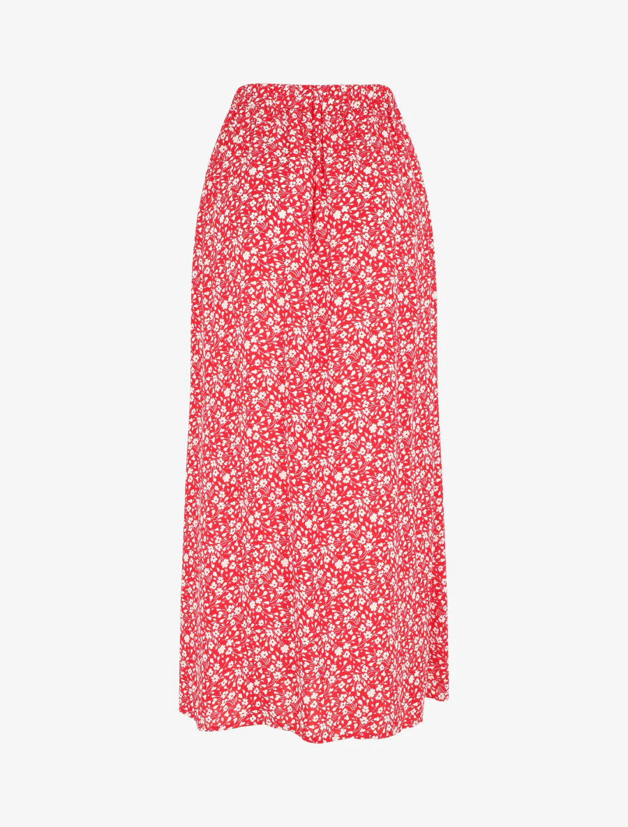 Gebloemde uitlopende midi-rok met knopen - Rood - Image 2