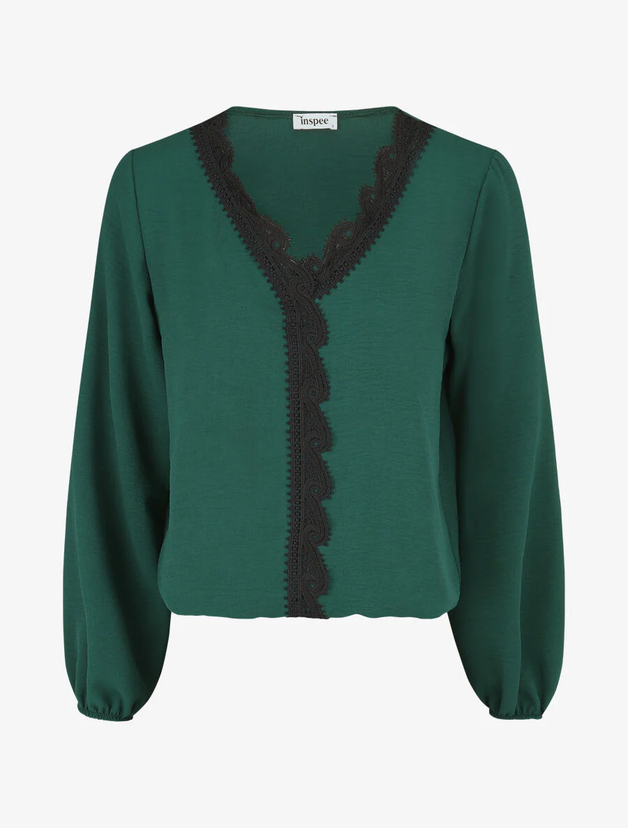 Geborduurde V-hals blouse - Dennengroen