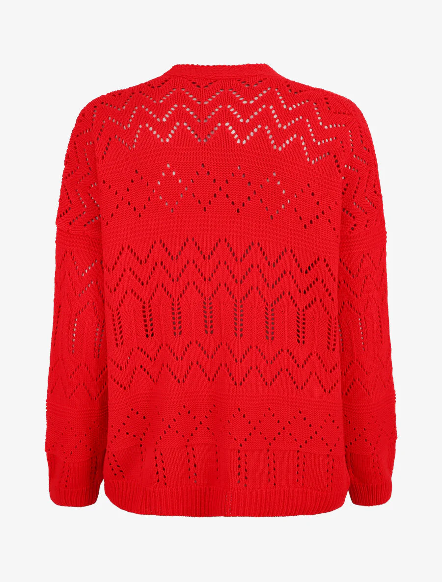 Gebreide cardigan met opengewerkte details en geribde randen - Rood - Image 2
