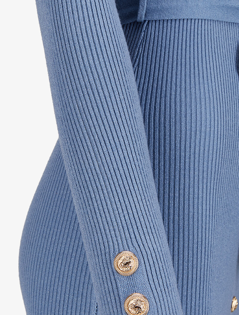 Gebreide halflange jurk met geribbelde stof en decoratieve knopen - Blauw - Image 3