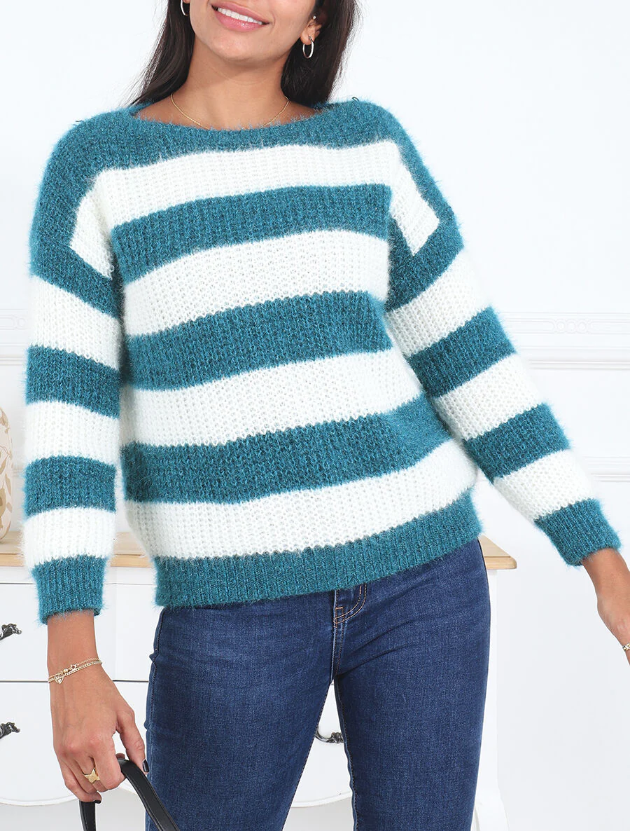 Gebreide trui met strepen - Blauwgroen - Image 3
