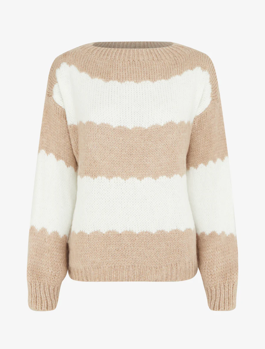 Gebreide trui met tweekleurige strepen - Beige