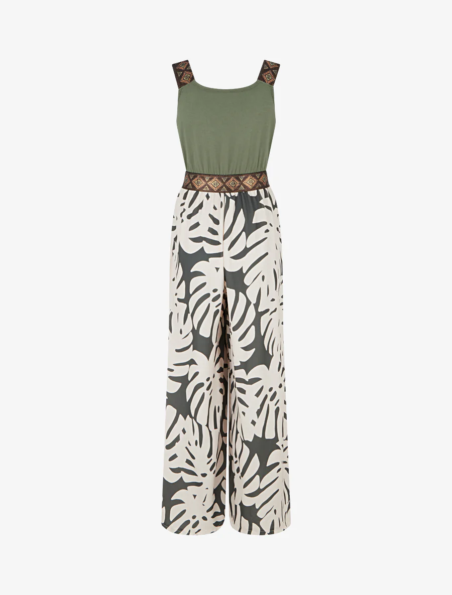 Gedessineerde bladeren jumpsuit met glanzende bandjes - Kaki - Image 2