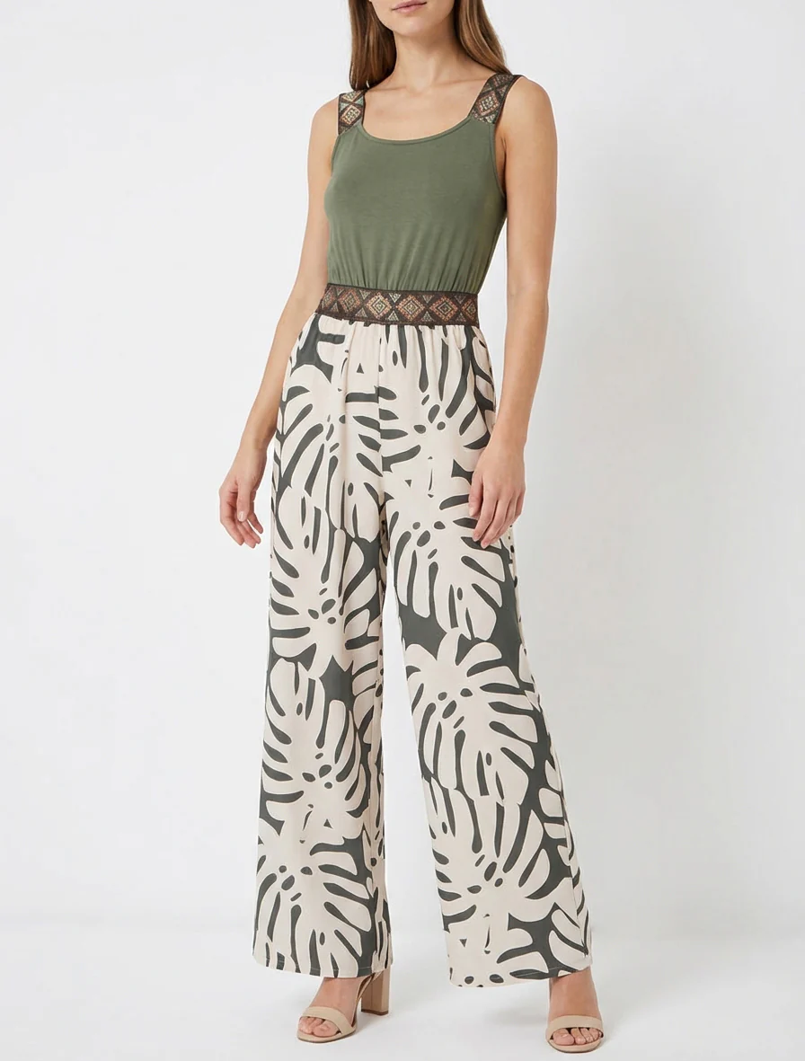 Gedessineerde bladeren jumpsuit met glanzende bandjes - Kaki - Image 4