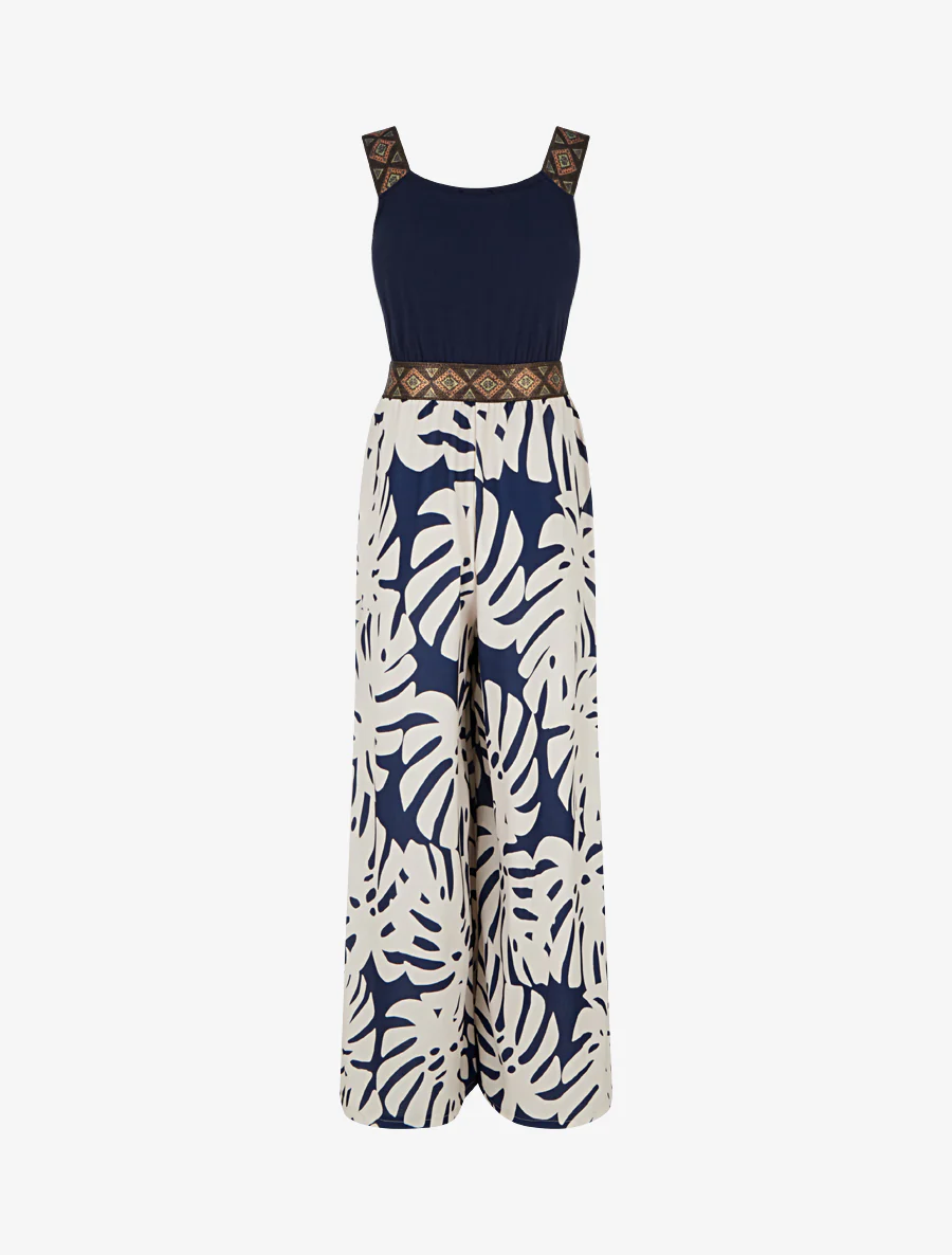 Gedessineerde bladeren jumpsuit met glanzende bandjes - Marine - Image 2