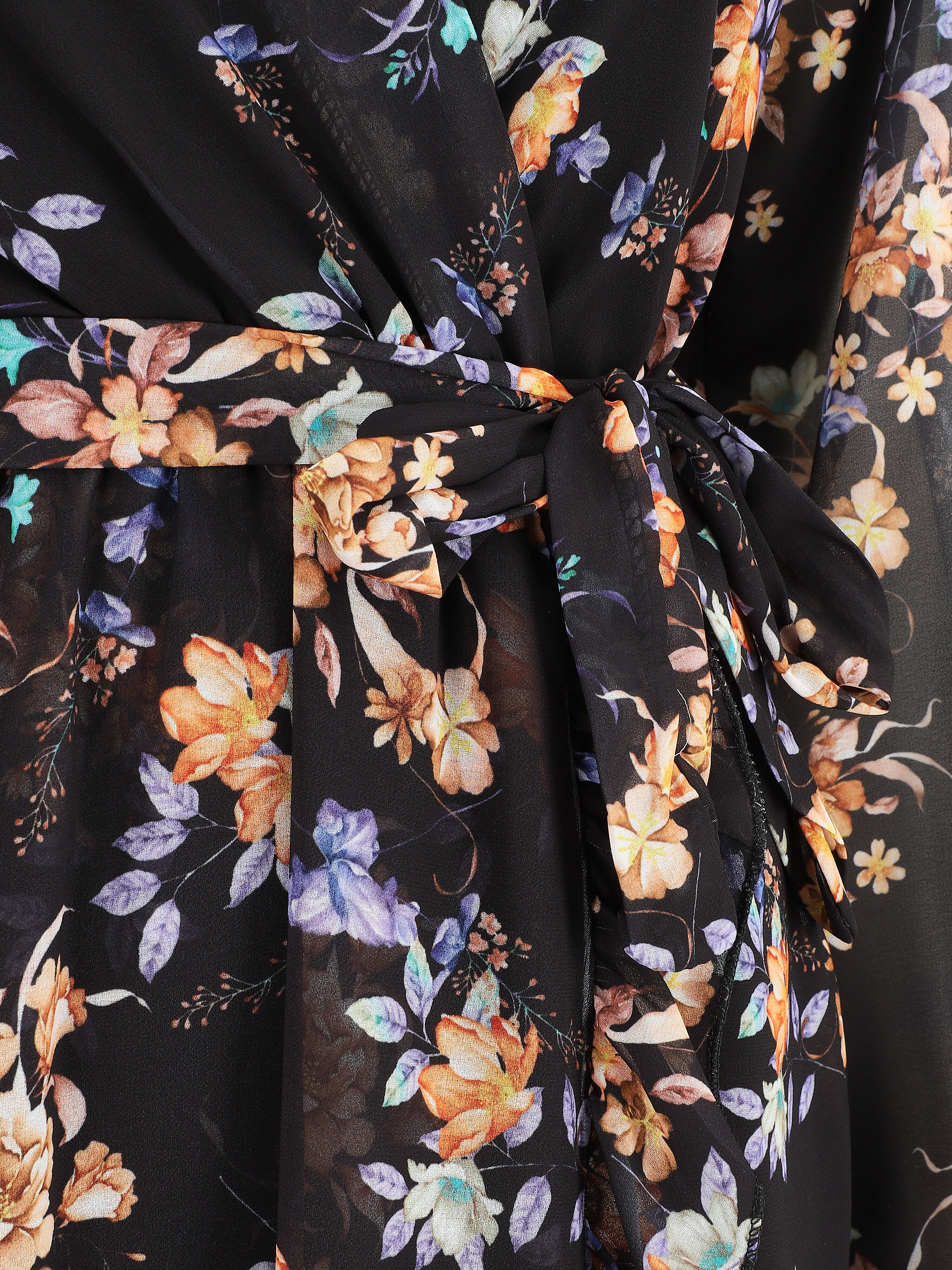 Gedrapeerde jurk met herfstboeketprint - Zwart - Image 3