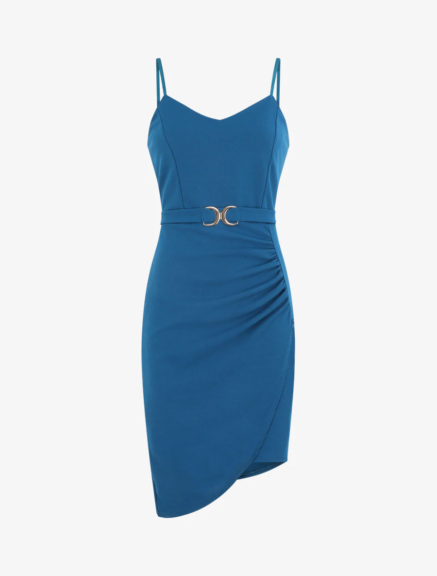 Gedrapeerde jurk met schouderbandjes en gesp - Blauw - Image 2