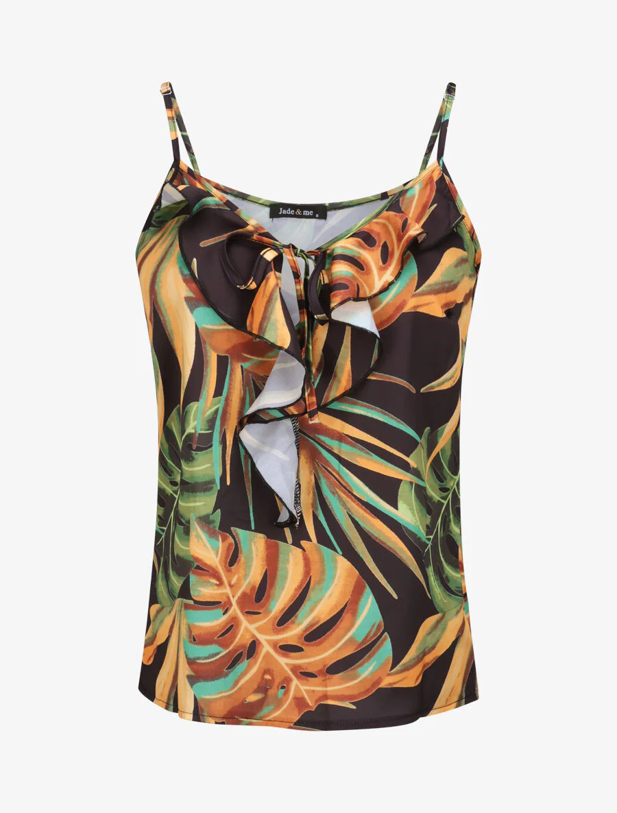 Gedrukte tropische vierkante tanktop met ruches aan de hals - Zwart