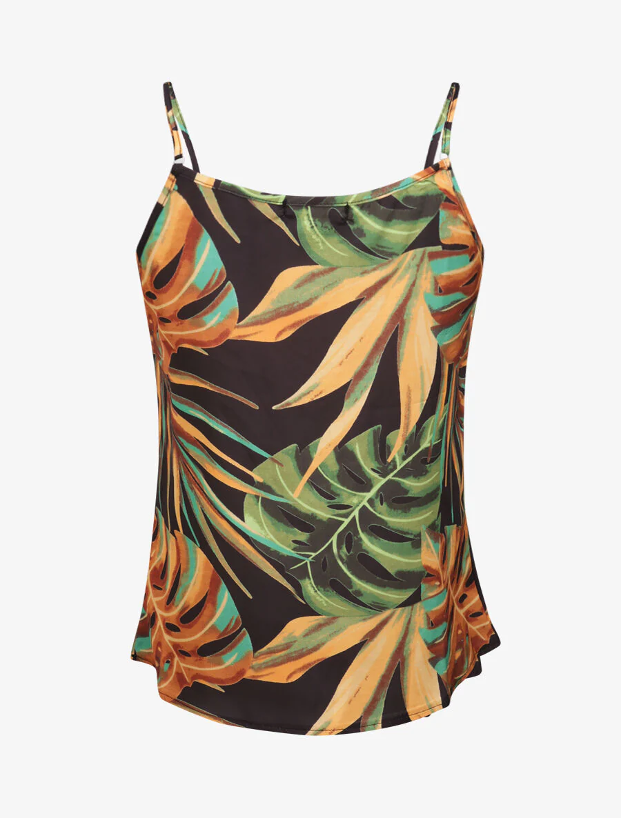 Gedrukte tropische vierkante tanktop met ruches aan de hals - Zwart - Image 2