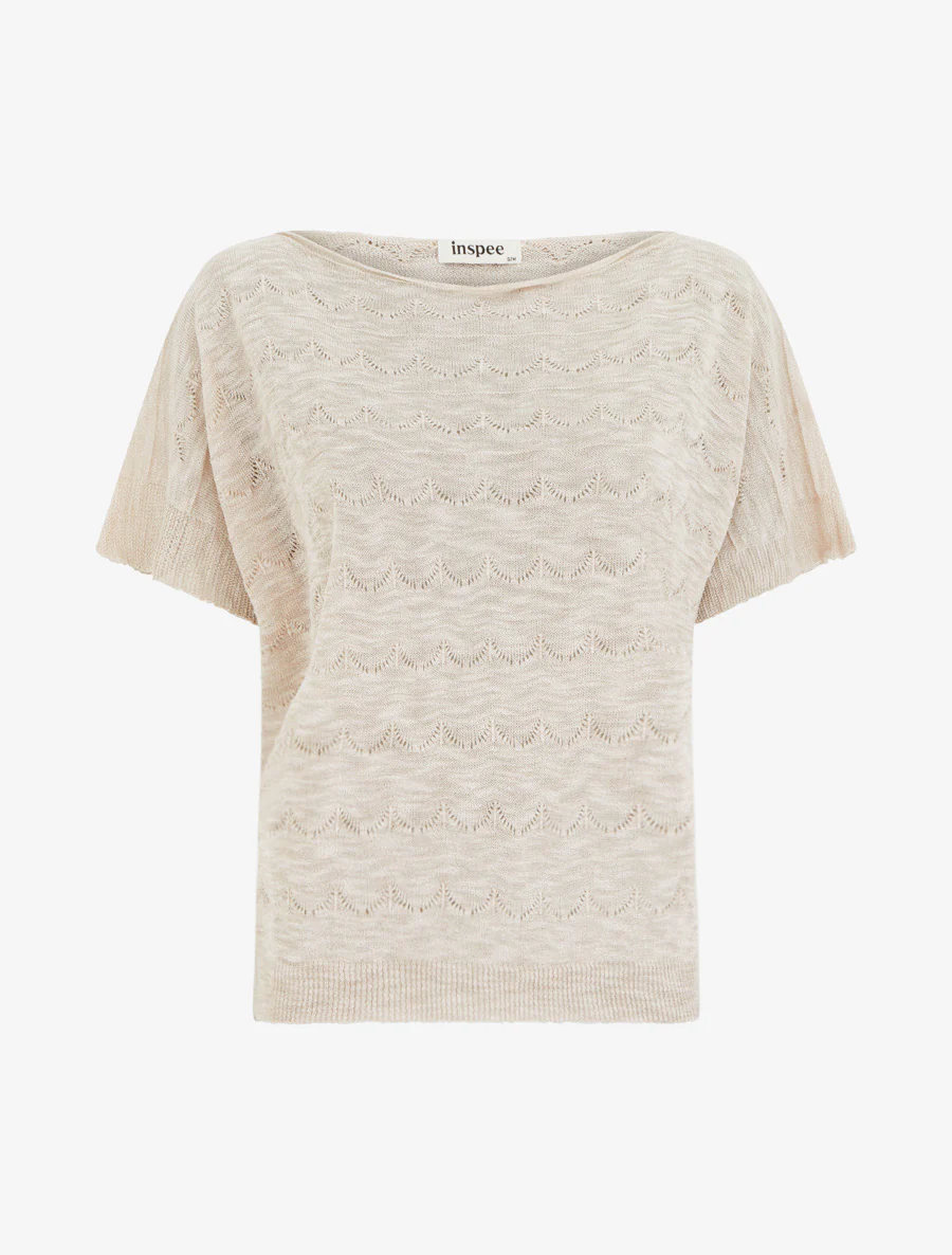 Gehaakt gebreid topje met korte mouwen - Beige