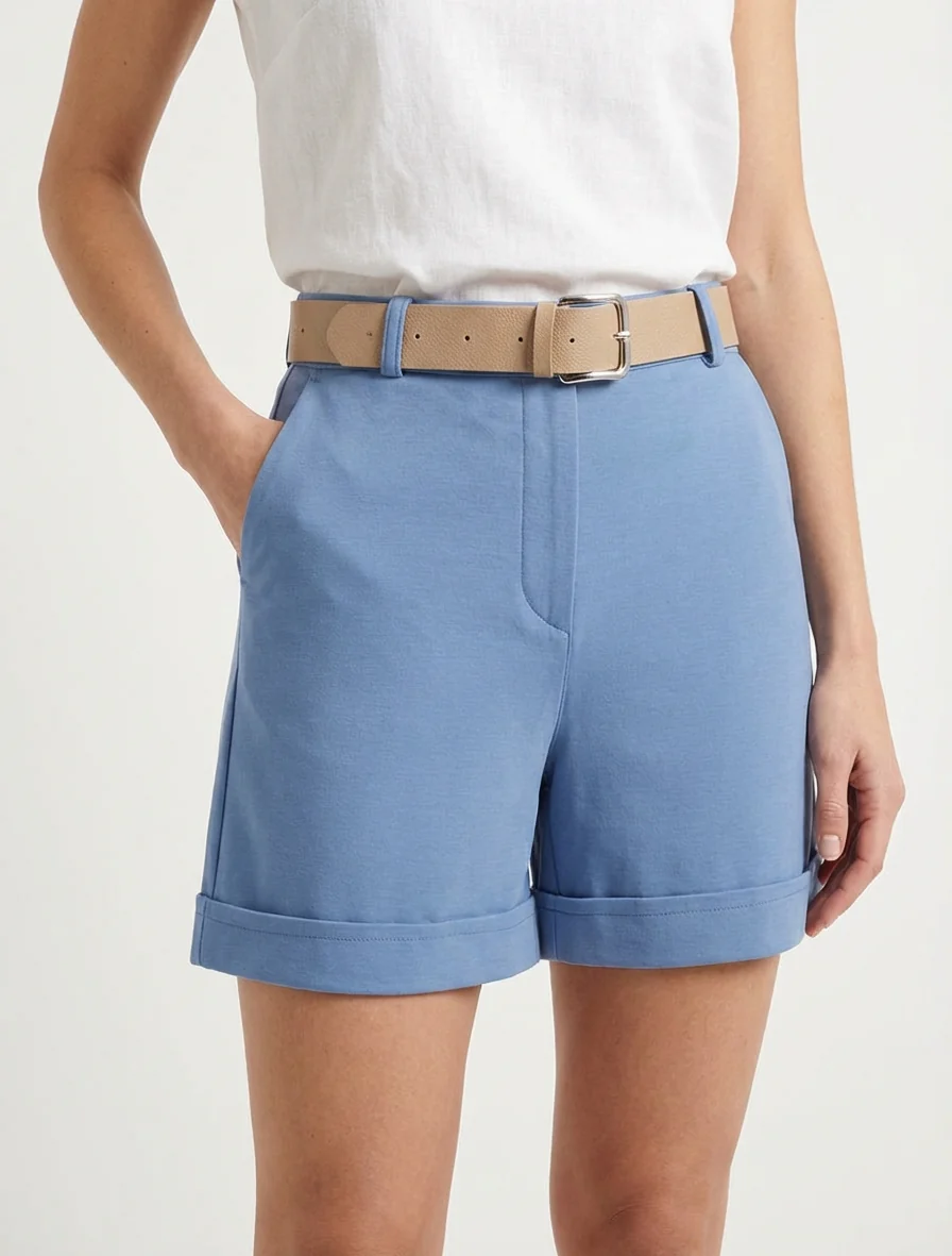Geknoopte korte broek met omslagboord - Blauw - Image 4