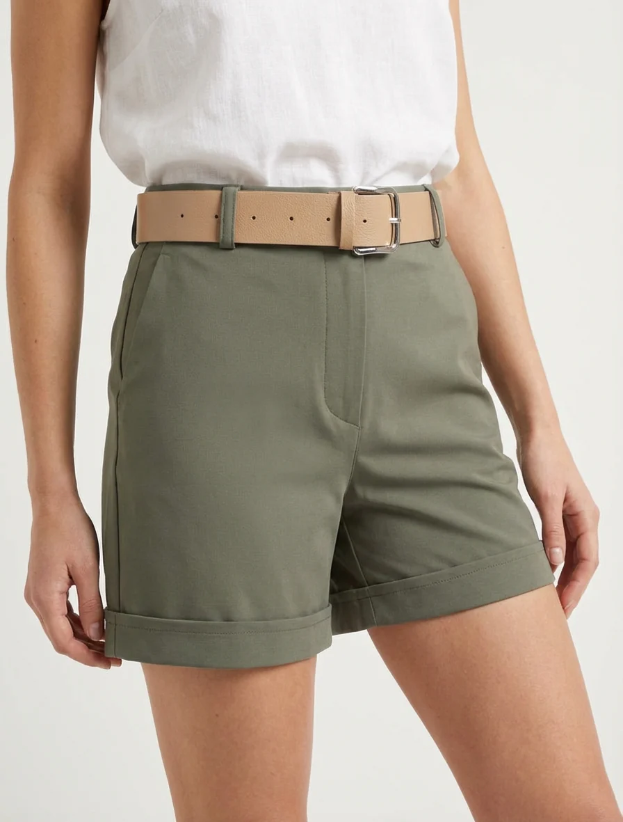 Geknoopte korte broek met omslagboord - Kaki - Image 4