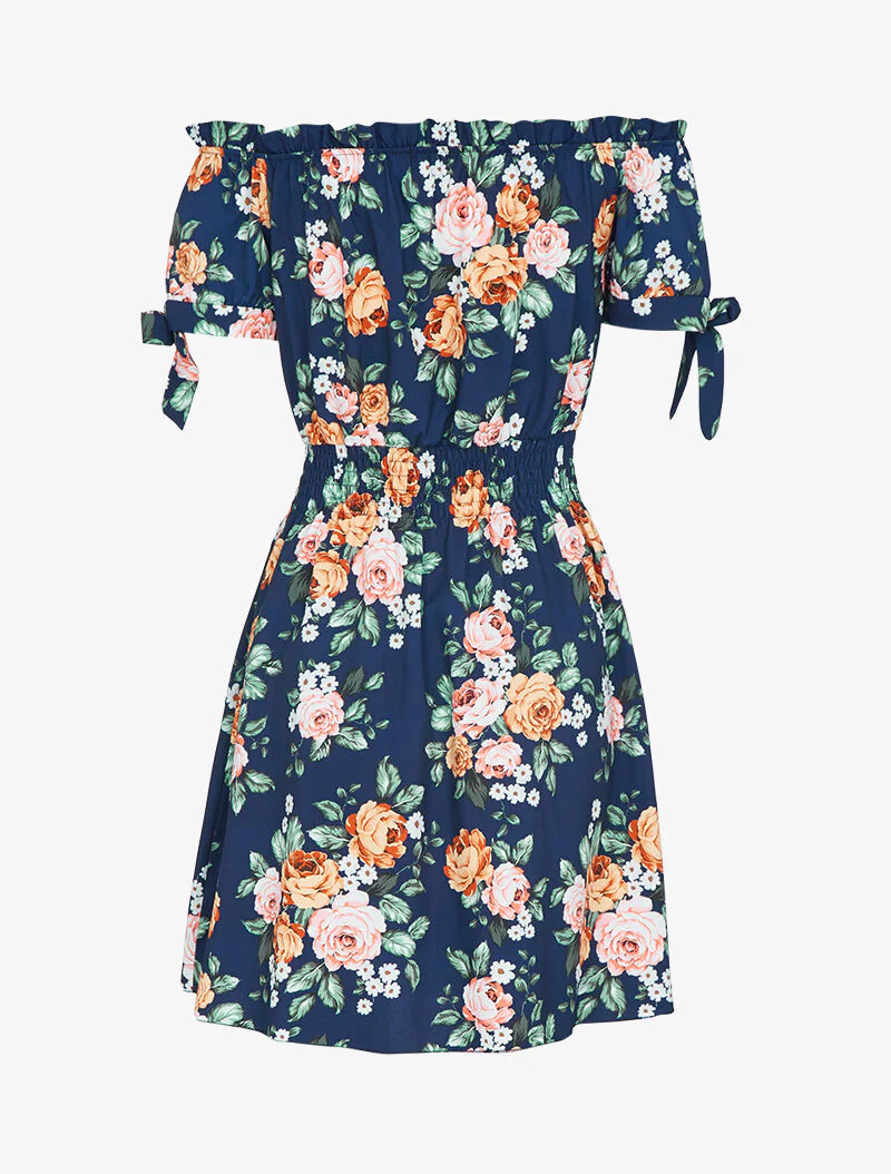 Geplooide jurk met print en off-shoulder halslijn - marineblauw - Image 3