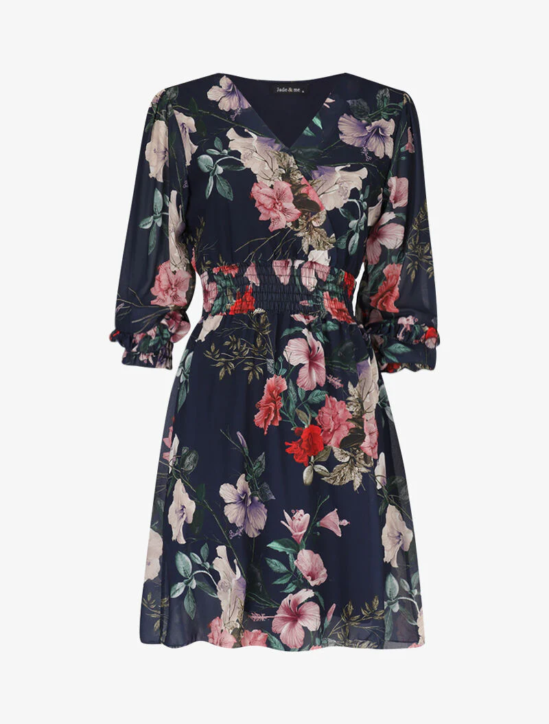 Geplooide jurk met prints - marine