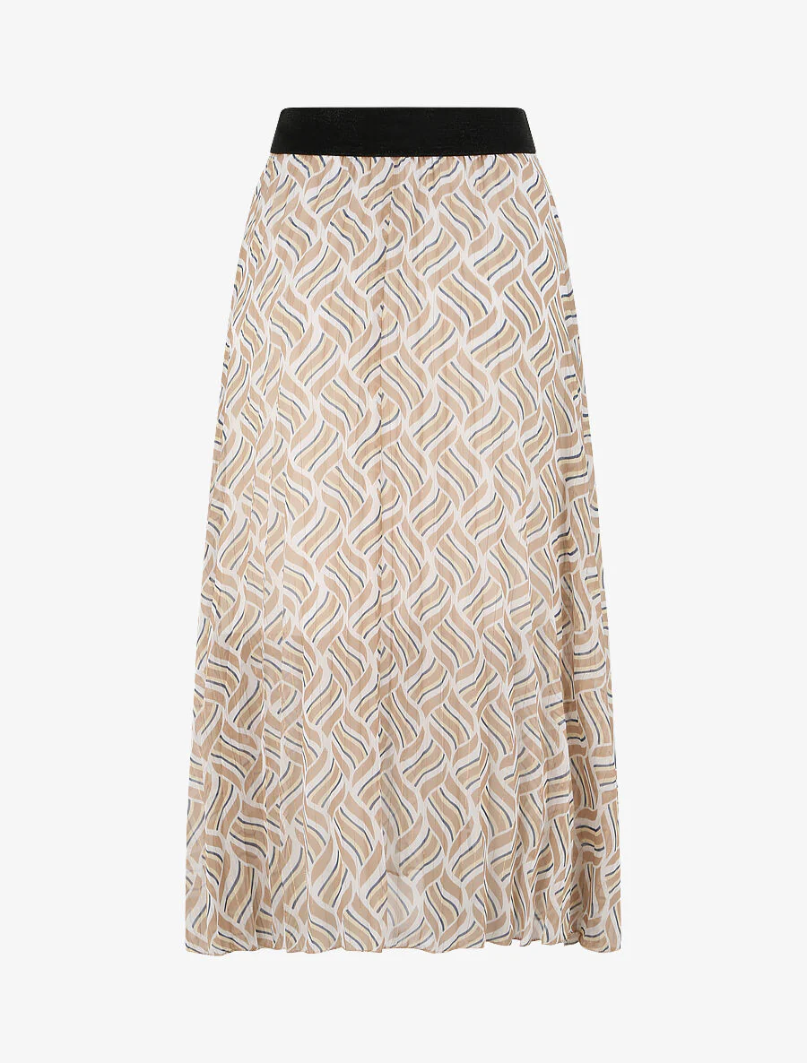 Midirok met plooien en uitlopende snit met gestileerde geometrische print - Beige - Image 2
