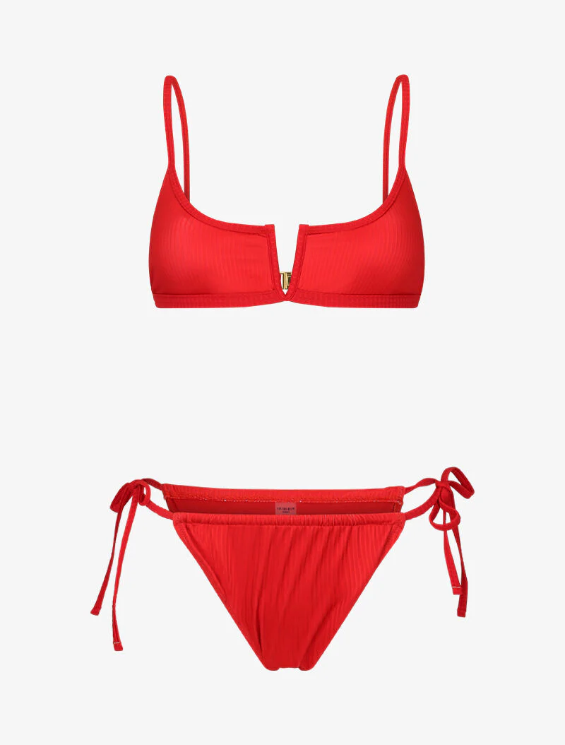 Geribbelde bh-bikini met V-uitsnijding - rood