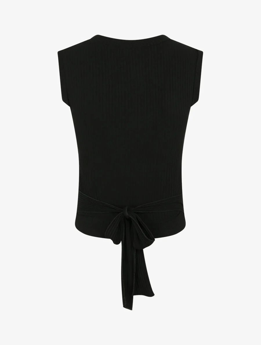 Geribbelde top met strikceintuur - Zwart - Image 2