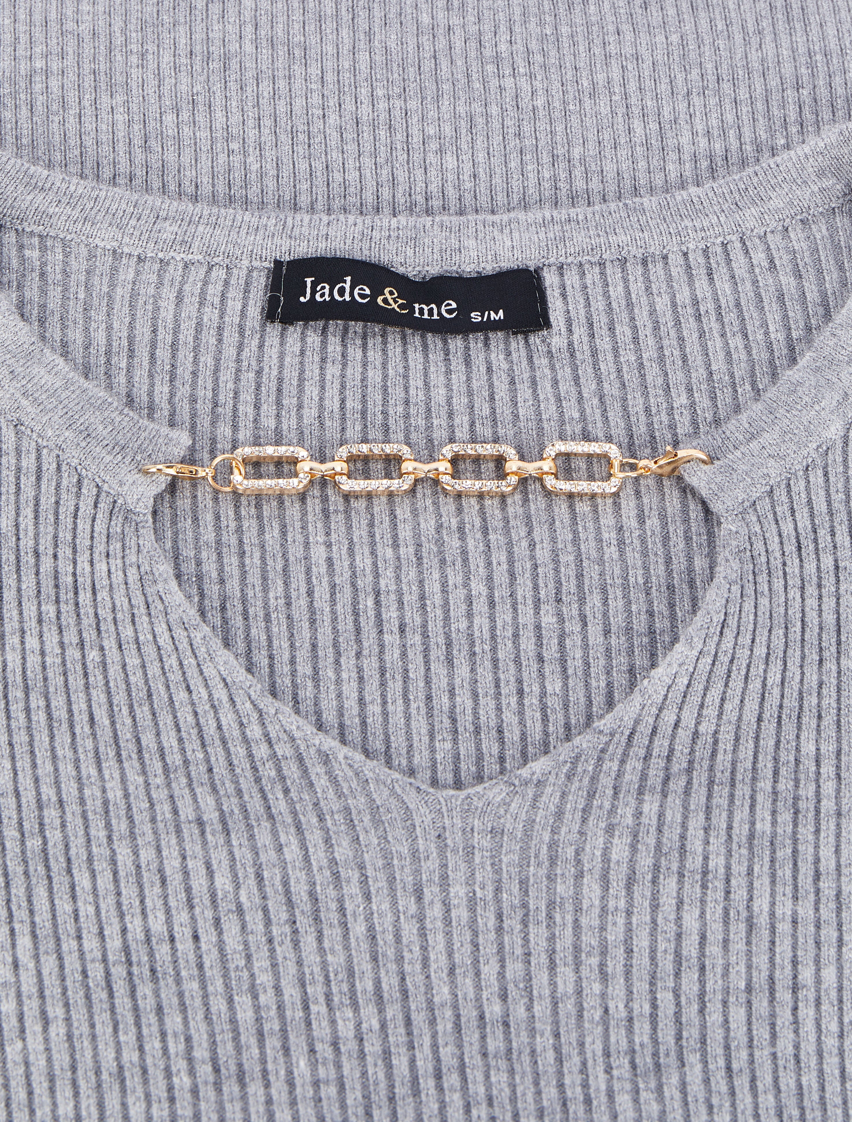 Geribbelde trui met V-hals versierd met een afneembare ketting met strass-stijl juweel - Gemêleerd grijs - Image 3