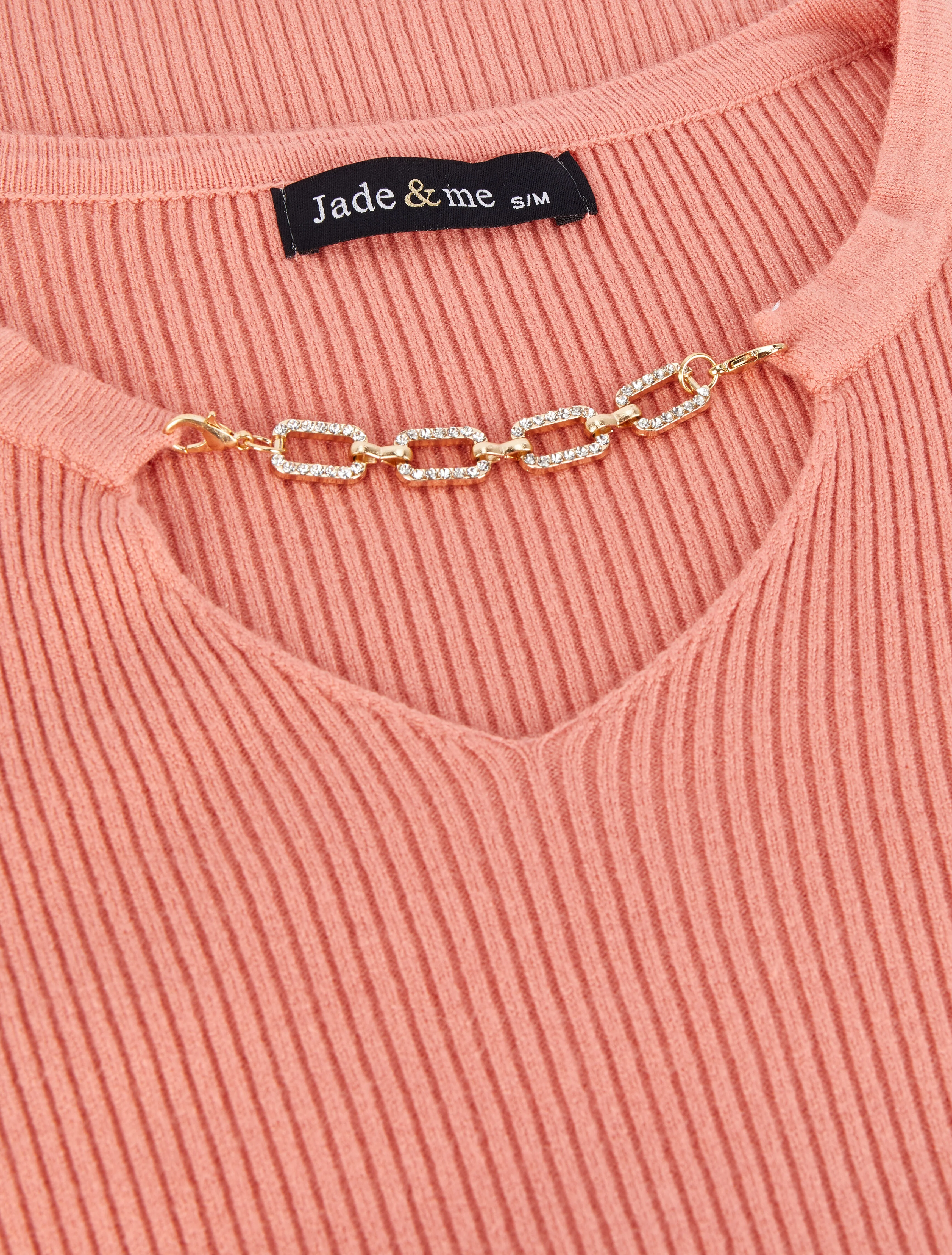 Geribbelde trui met V-hals versierd met een afneembare ketting met strass-stijl juweel - Zalmroze - Image 3