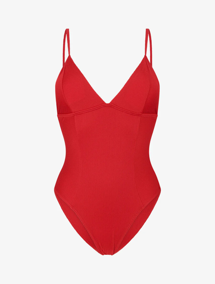 Geribbelde badpak met V-hals - Rood - Image 2