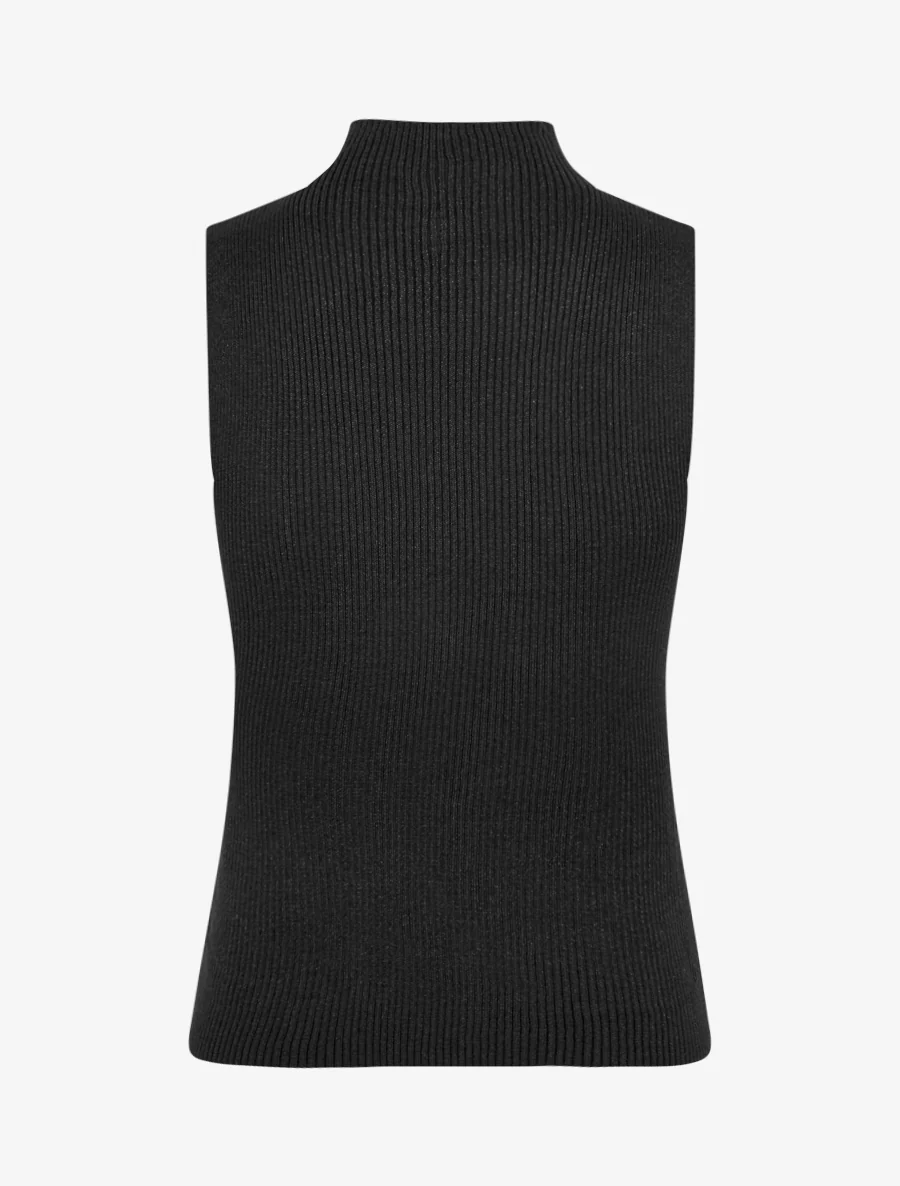 Geribd iriserend mouwloos shirt met opstaande kraag - Zwart - Image 2
