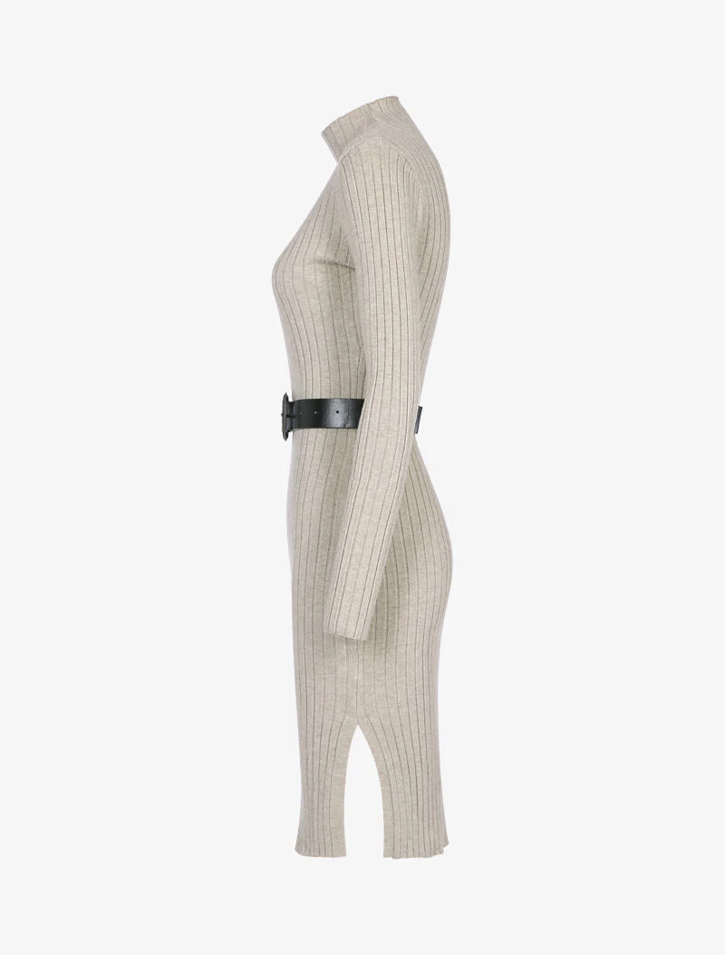 Geribde coltrui-jurk - taupe - Image 3