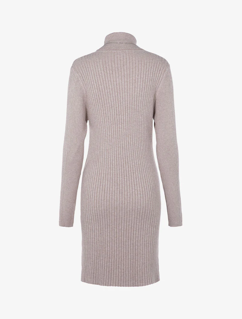 Geribde sweaterjurk met gespleten zoom - beige - Image 3
