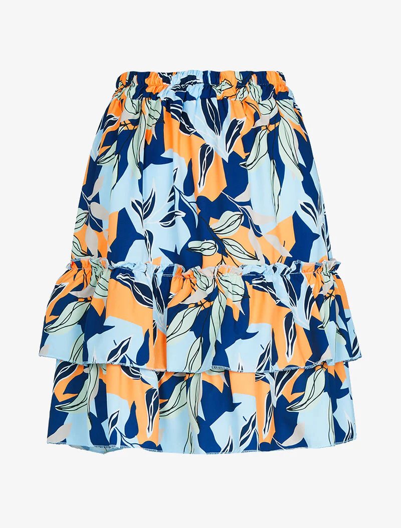Gerimpelde rok met grafische bloemenprint - lichtblauw