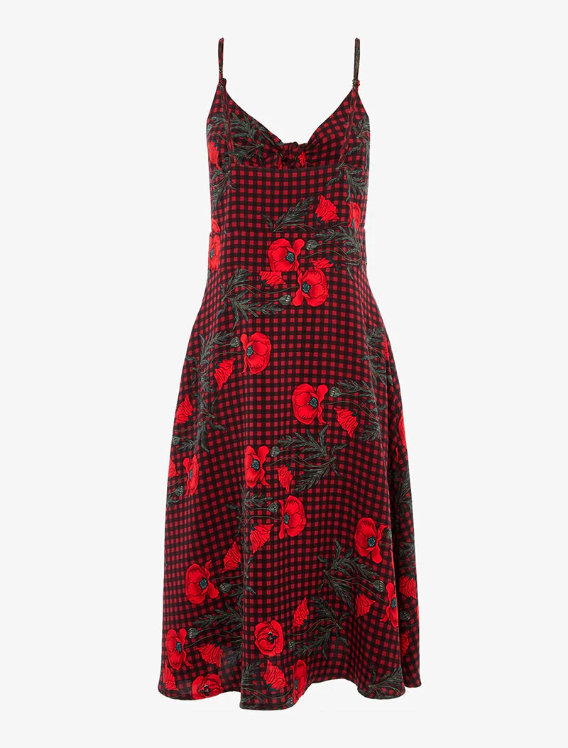 A-lijn jurk met ruiten en bloemen - rood/zwart - Image 2