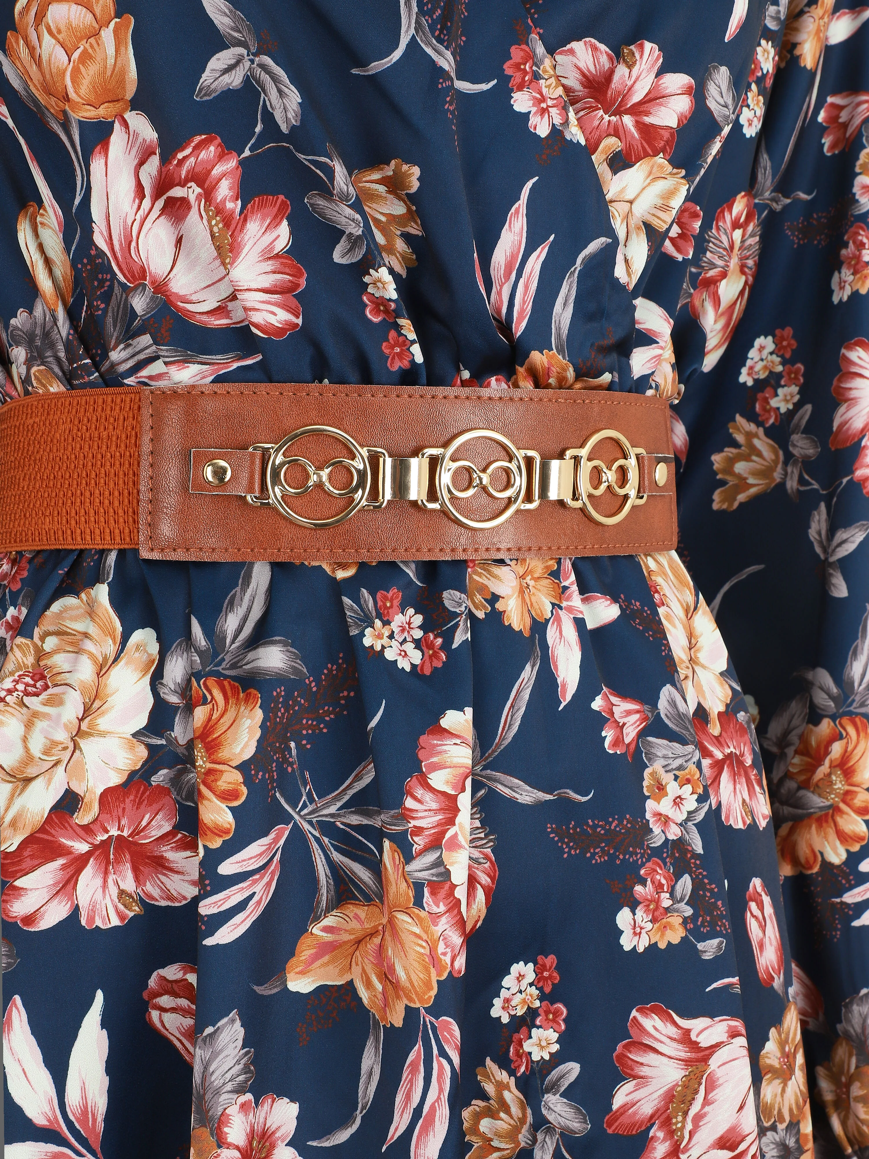 Gesatineerde jurk met bloemenprint - Marineblauw - Image 3