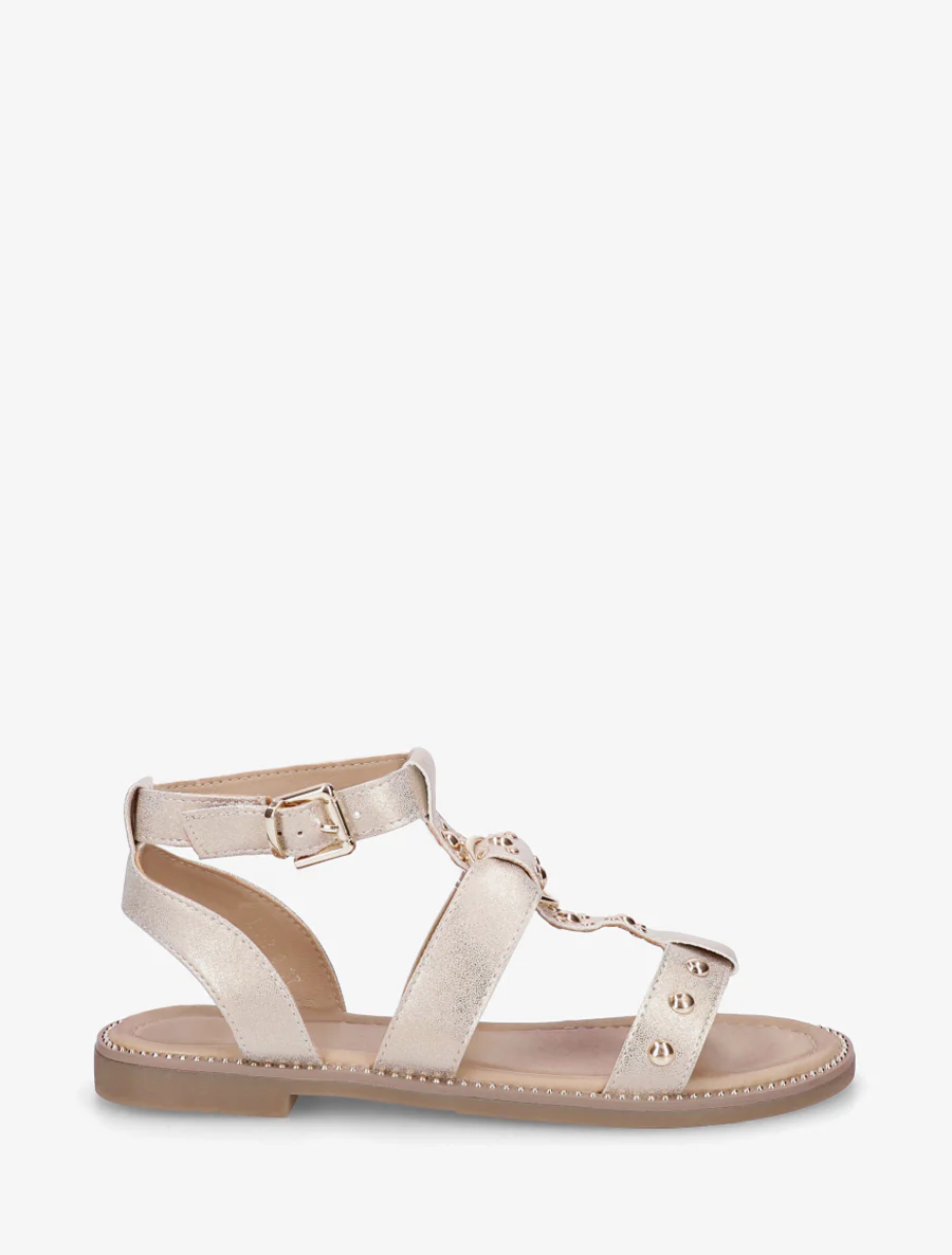 Gespikkelde platte sandalen van iriserend imitatieleer. - Beige