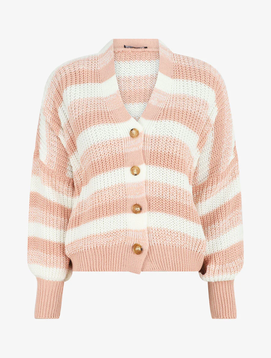 Gestreepte cardigan met geribbelde randen - Roze