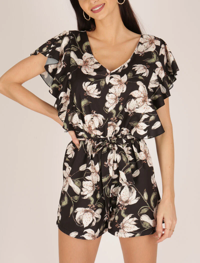 Gestreepte playsuit met ruches - zwart
