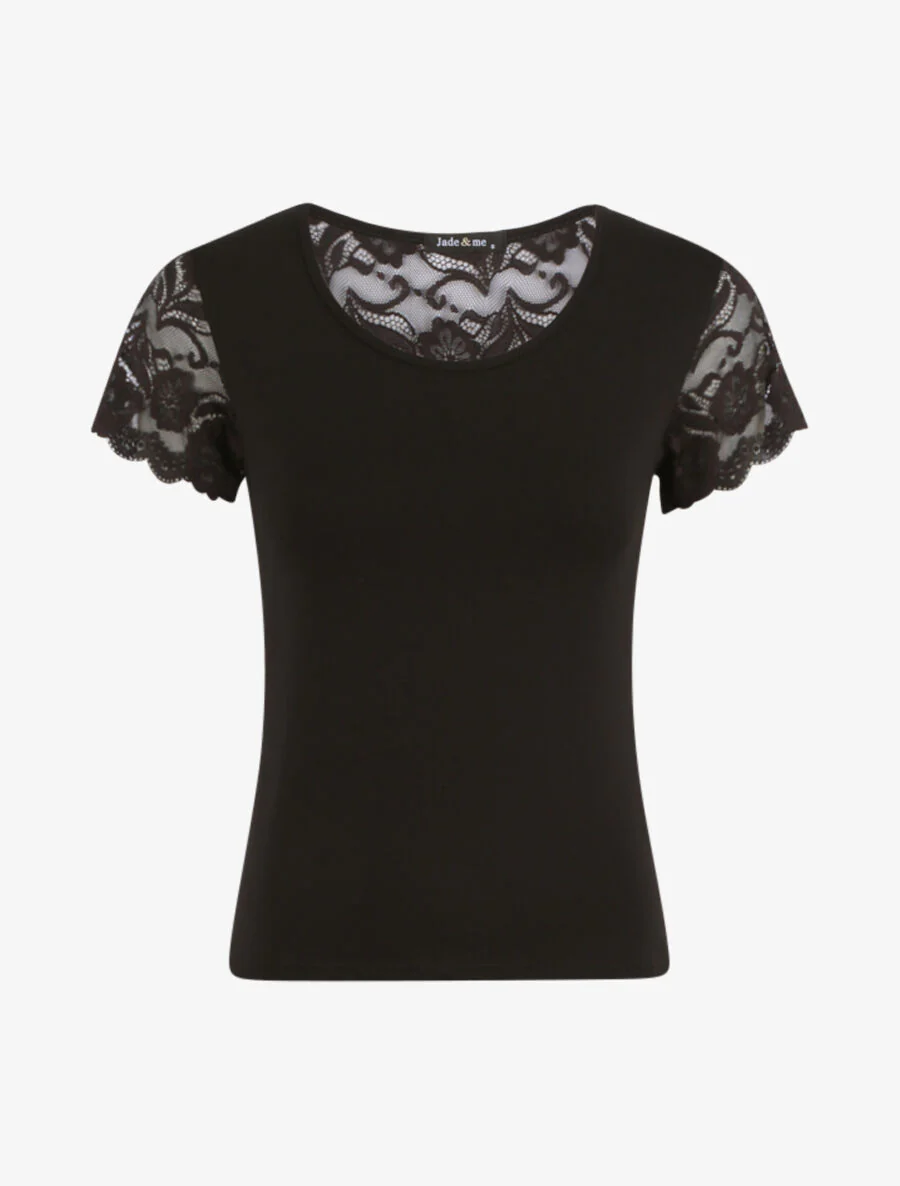 Getailleerd T-shirt met kanten schouders - Zwart
