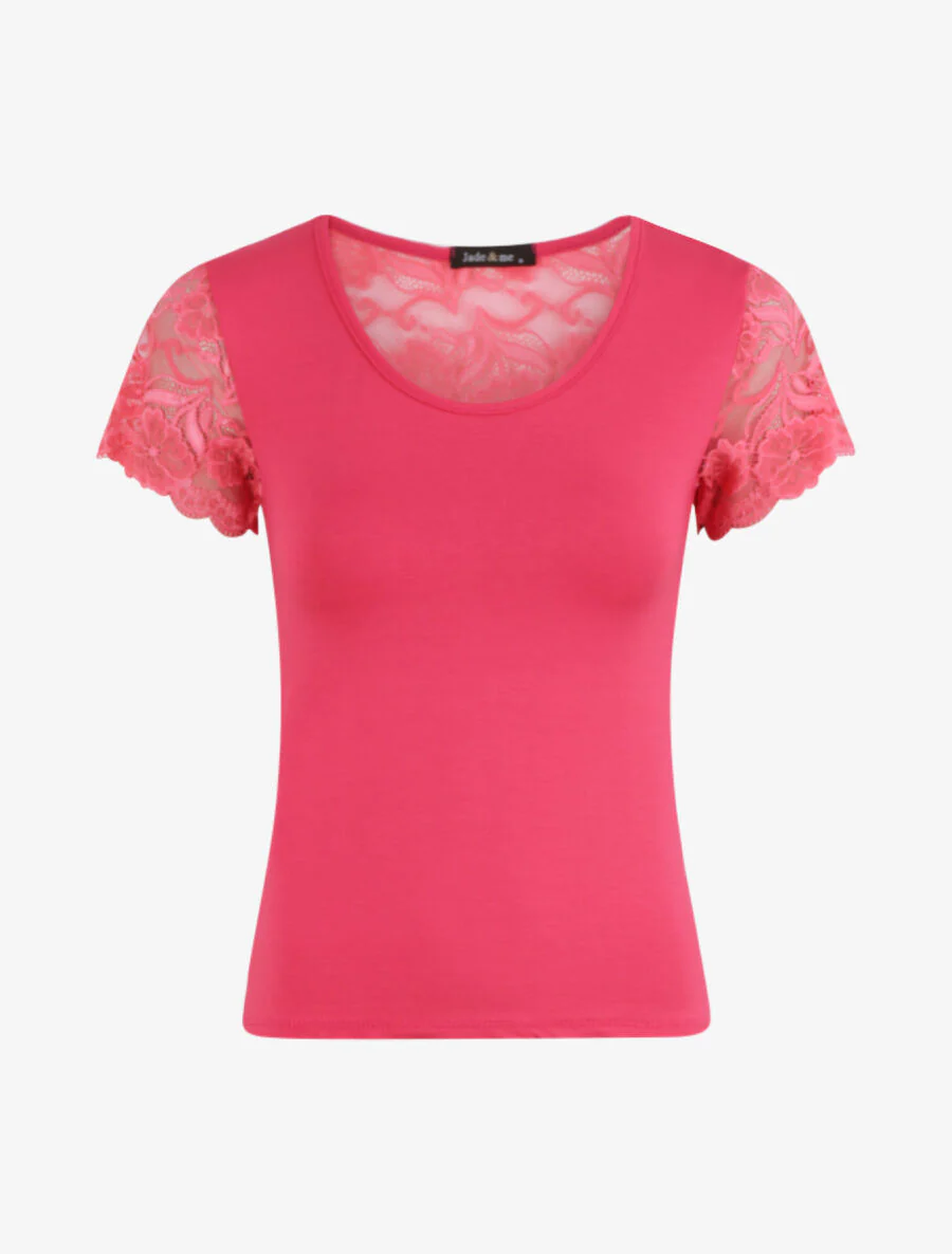 Getailleerd T-shirt met kanten schouders - Fuchsia