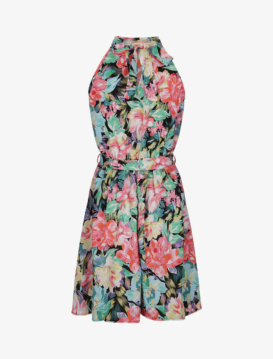 Getailleerde bloemenprint jurk met Amerikaanse kraag - Zwart - Image 2