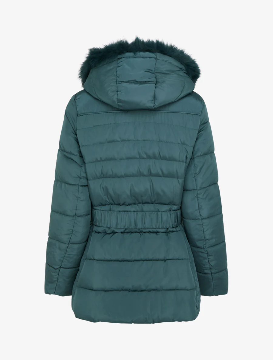 Gewatteerde jas met ceintuur en capuchon van imitatiebont. - Eendenblauw - Image 2