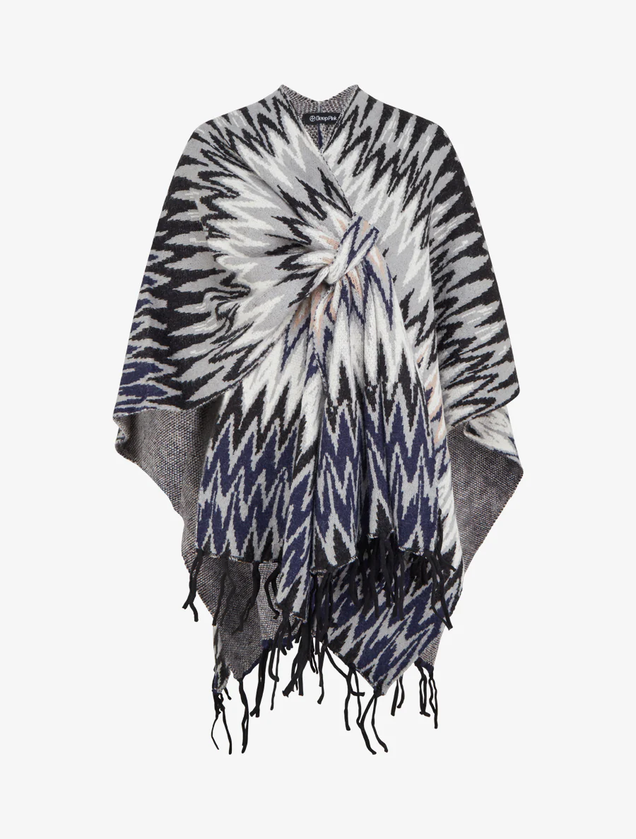 Grafisch bedrukte poncho met franjes - Zwart