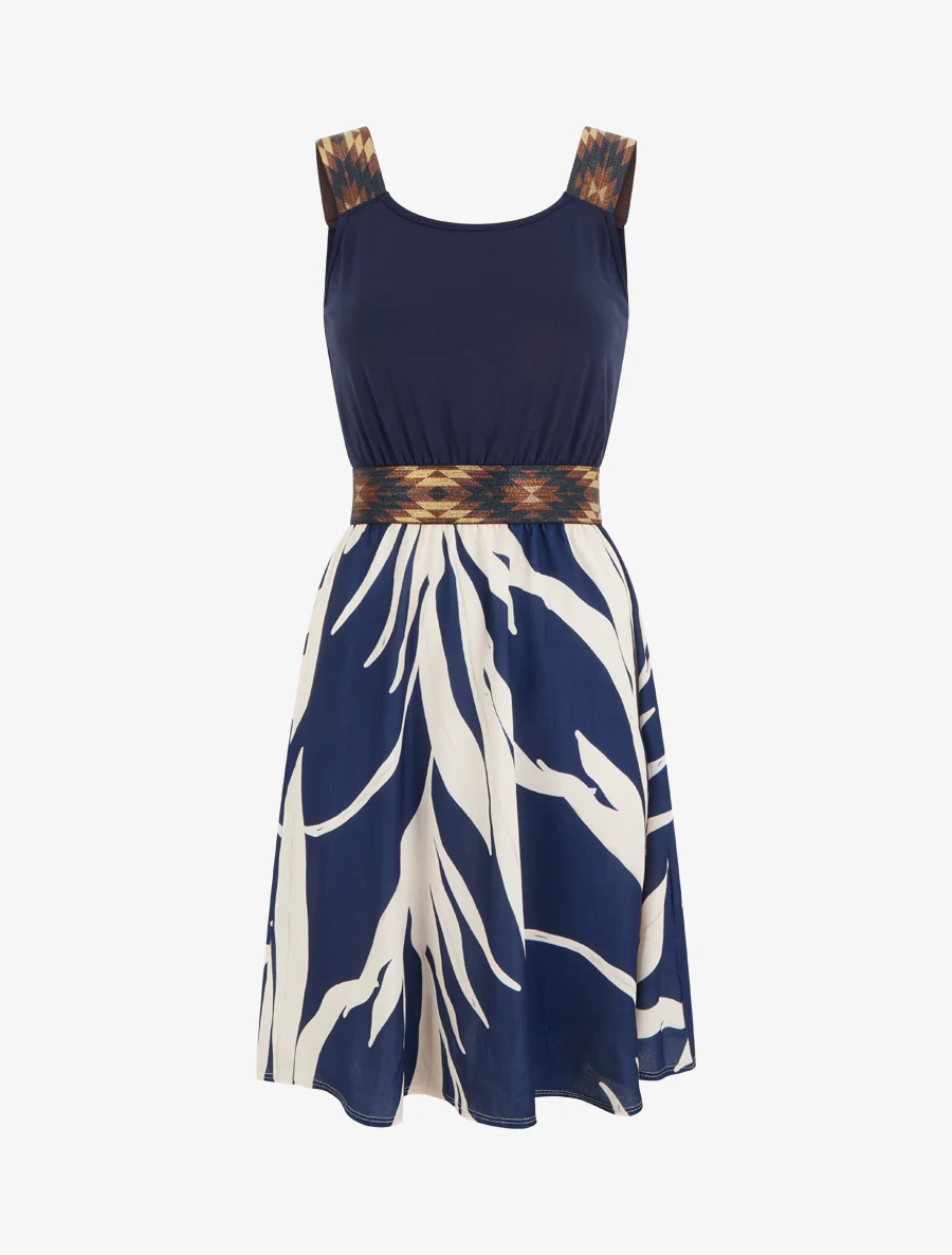 Grafische printjurk met fantasie-elastische taille. - Marine