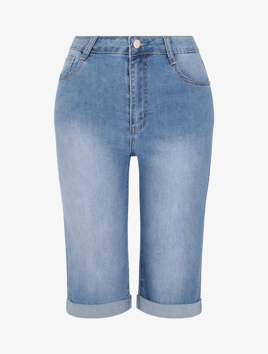 Grote maat bermuda van denim met omgeslagen zoom - Lichtblauw