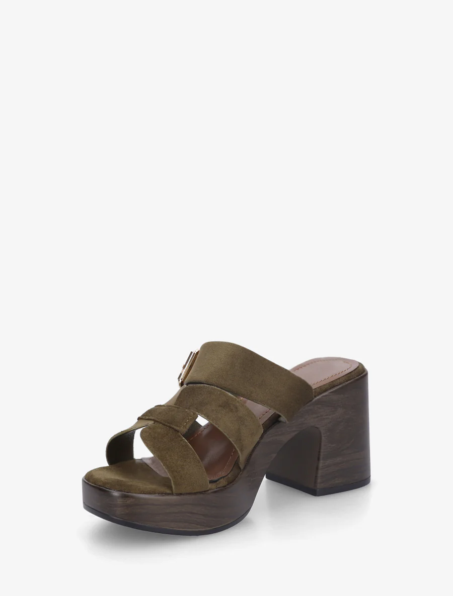Hakkenmuiltjes met houtlook en gesp - Donker kaki - Image 3