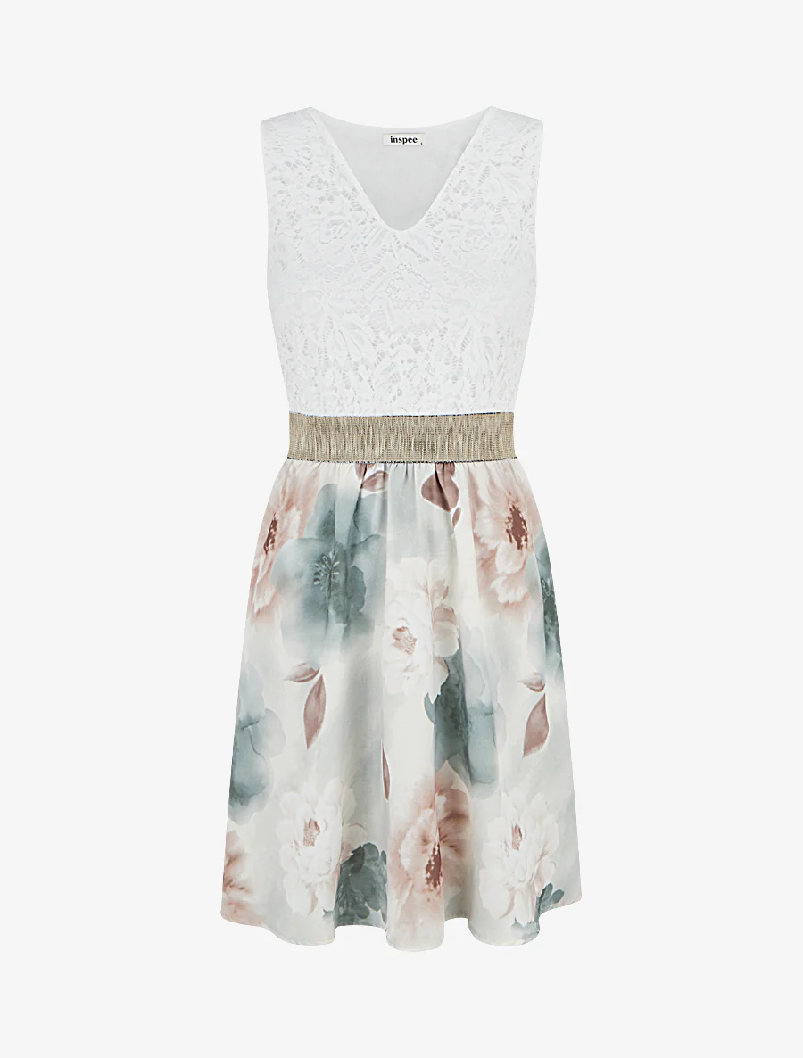 Half lange jurk met kant en aquarelprint - Kaki