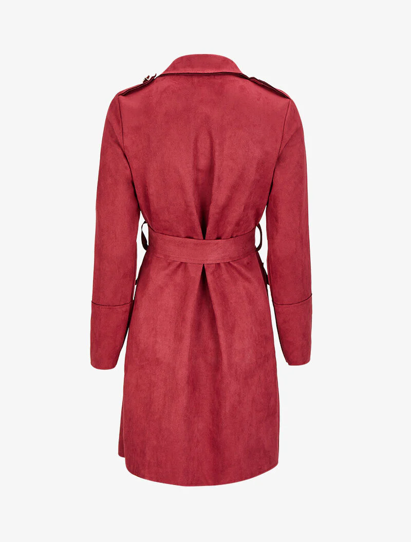 Halflange trenchcoat in suèdine met klepzakken - Rood - Image 2