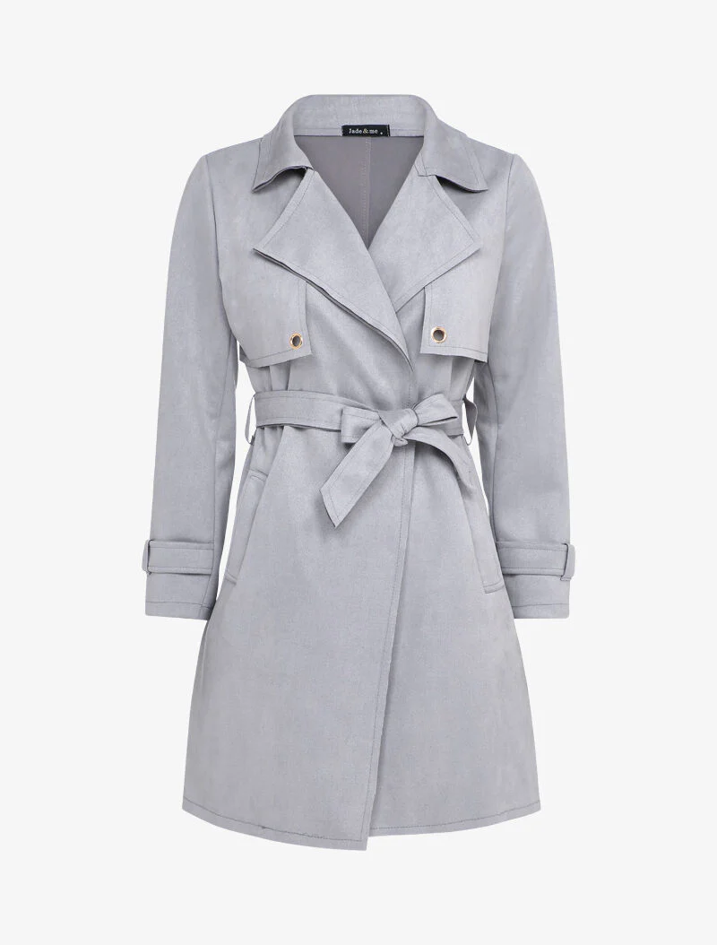 Halflange trenchcoat in suèdine met mouwen met riemdetails - Lichtgrijs