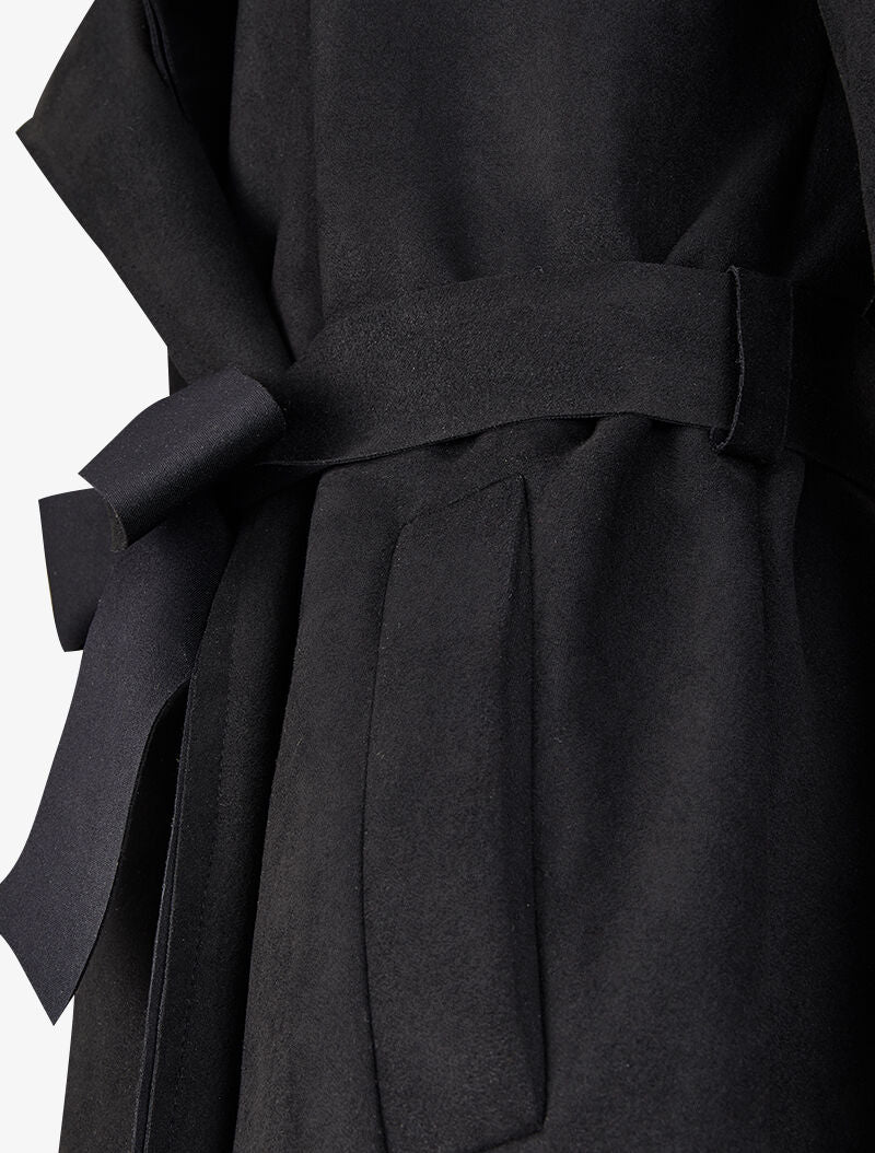 Halflange trenchcoat in suèdine met strikceintuur - Zwart - Image 3