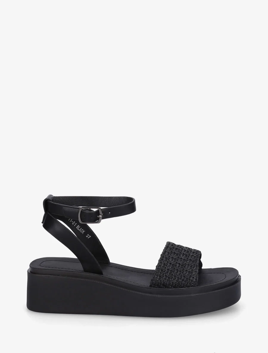 Halfhoge sleehaksandalen van gevlochten raffia - Zwart