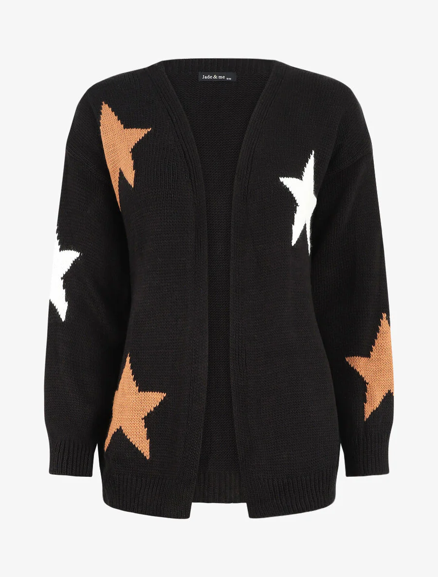 Halflang open vest met sterrenprint - zwart